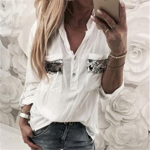 Fashion Ladies Casual Tops V Neck Shirt New 2018 Women Summer Loose Long Sleeve Sequins Pocket Top Blouse Ladies OL Office Shirt