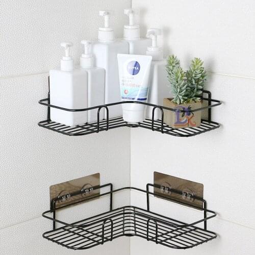 Wall Mount Shower Shelf Iron Storage Holder Corner Shelving Shampoo Rack with Self-adhesive Suction Cup Kitchen Bathroom Fitting