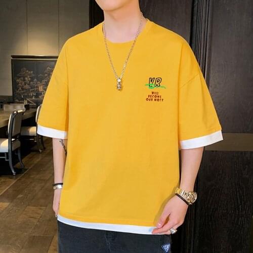 2021 New Short-Sleeved Summer Mens Stitching Fake Two-Piece Korean Fashion Loose Printed Shirt O-Neck Half Sleeve
