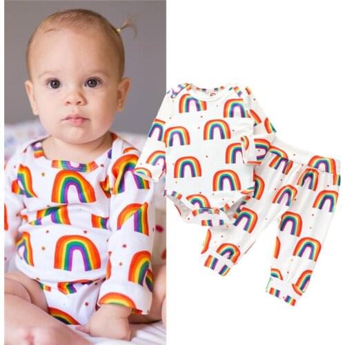 Newborn Infant Baby Girls Fall Clothes Long Sleeve Rainbow Romper + Long Pants 2Pcs Casual Outfits Set Travksuit