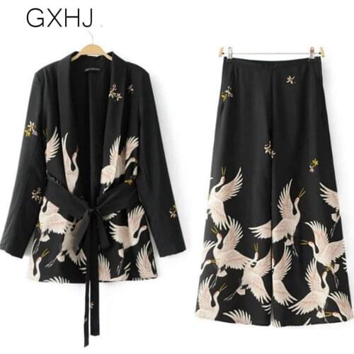 Japanese style crane printing suit jacket culottes wide leg pants Fashion Women Blazers and Jackets Work Office suit set