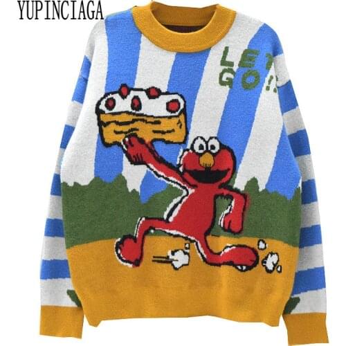YUPINCIAGA Harajuku style sesame street double jacquard thick pullover Women Cartoon Embroidery Sweaters Kawaii Knitted Pullover