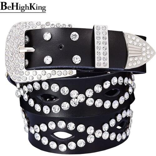 Fashion classic rhinestone belts for women Quality hollow genuine leather belt female Shining pin buckle girdle Width 3.3 cm