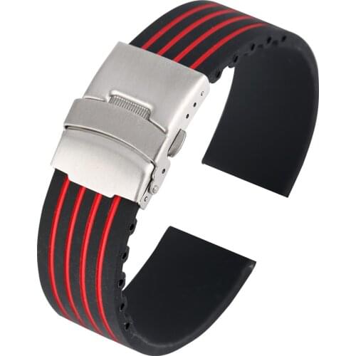 18MM 20MM 22MM 24MM Watch Band Waterproof Watchband Silicone Stable Folding Clasp Red Replacement Stripe horloge bandjes