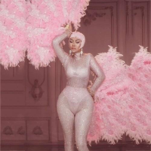 Pink Rhinestones Nude Jumpsuit Sexy Performance Bodysuit Pattern Rompers Stage Drag Queen Costume Nightclub Leotard Suit DT503