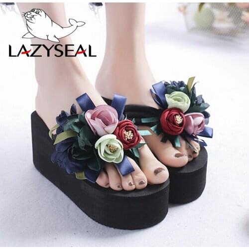 LazySeal Summer Flower Wedge Flip Flops Woman Shoes Women Beach Sandals Sliders Shoes Ladies Pantuflas De Mujer Platform Slipper