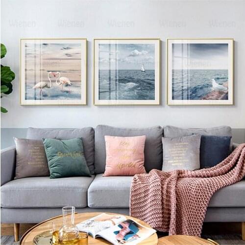 Nordic Blue Sea Seagull Flamingo Landscape Canvas Poster Wall Art Decor Painting for Living Room Home No Frame Mural