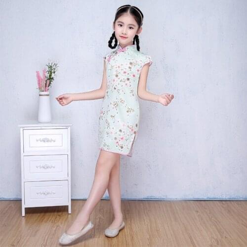 Kids Print Flower Chinese Traditional Dress Ancient Chinese Cheongsam Elegant Casual Girls Qipao New Year Gift Party Dresses 90