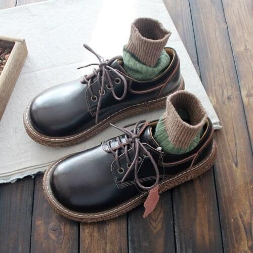 Genuine Leather Big Head Doll Shoes Thick-Sole Comfort Flats Martin Shoes Literary Retro Casual Shoes Mori Handmade Womens Shoes