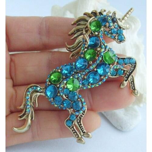 Unique Animal Unicorn Horse Brooch Pin Blue Green Rhinestone Crystal Pendant EE06172C2