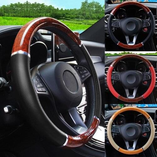 Universal 38cm Car Steering Wheel Cover Mahogany Wood Leather Fit Steer Wheel Covers Car Auto Interior Decoration
