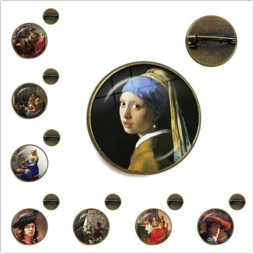 Vermeer Girl with a Pearl Earring Enamel Pin Brooch Most Famous Paintings Parody Art Collection Glass Dome Suit Pin