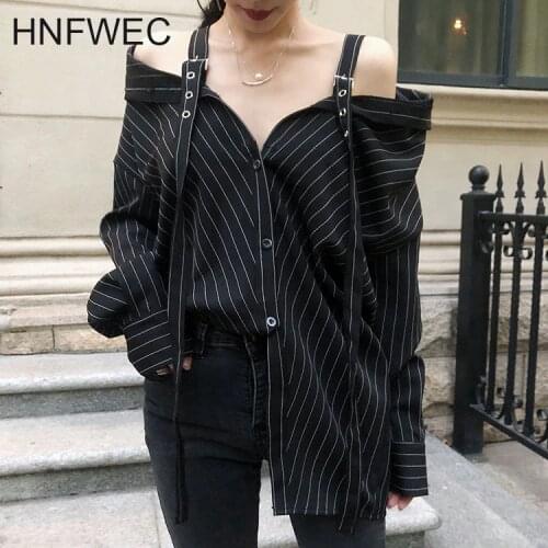 2019 New Personality Black Strap Vertical Stripe Off-shoulder Sexy Shirt Females Blouse Vestido Strapless P006