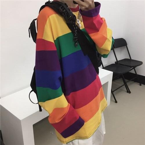Womens Clothing Long-Sleeved T-Shirt Autumn New 4XL Korean Version Of Rainbow Stripes Loose Casual Oversized Street Hip-Hop Top