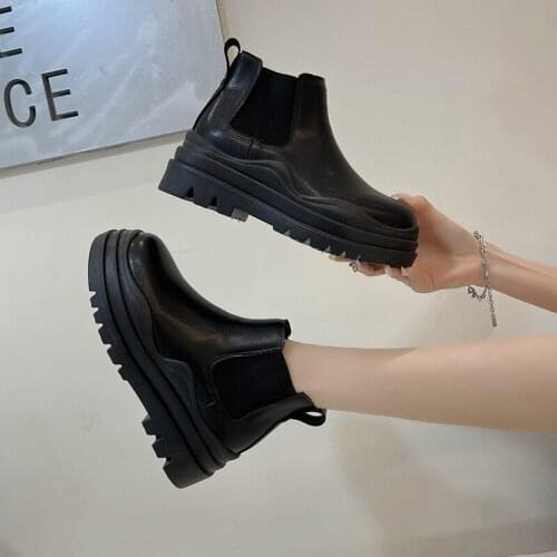 Women Chelsea Ankle Boot PU Leather Autumn Short Boots Thick Platform Vogue Womens Shoes Lady Slip On Casual Nice New Female