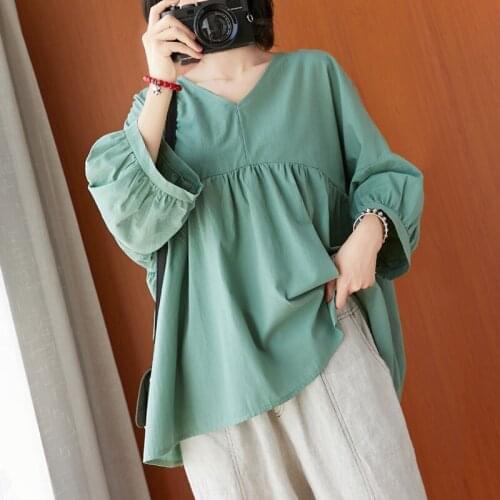 Women Cotton Linen Casual T-shirts New Arrival 2021 Spring Freely Style Vintage V-neck Loose Comfortable Female Tops Tees S3770