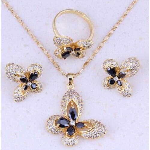 Elegant Black Crystal & Cubic Zircon Yellow Gold Color Jewelry Sets For Women Trend Fashion Jewelry Valentines Day Gift A0005