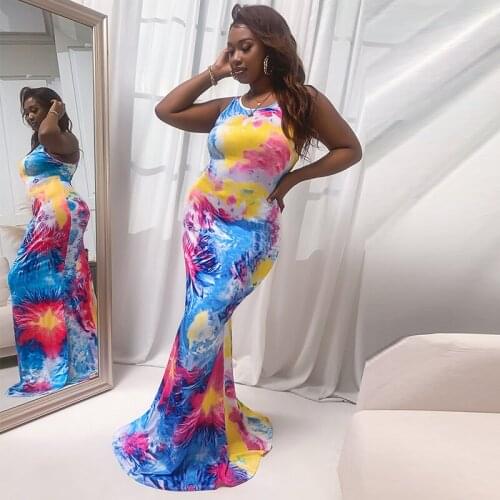 2021 New Arrival Women Summer O-Neck Mermaid Dress Female Sexy Maxi Sleeveless Backless Dress Girls Tie Dye Print Clothes Outfit