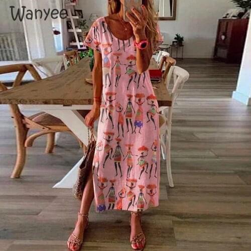 Womens Summer Beach Loose Long Dress Fashion Female Ethnic Style Print Short-Sleeve Split Clothes Boho Skirt Ethnic Style 2021