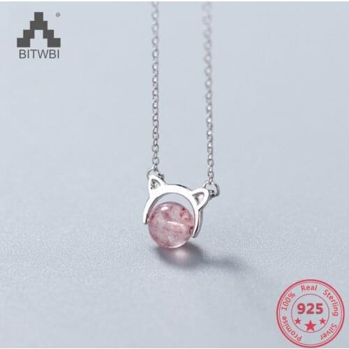 Genuine 925 Sterling Silver Necklaces & Pendants Strawberry Crystal Cute Cat Accessories for Women Sterling Silver Jewelry