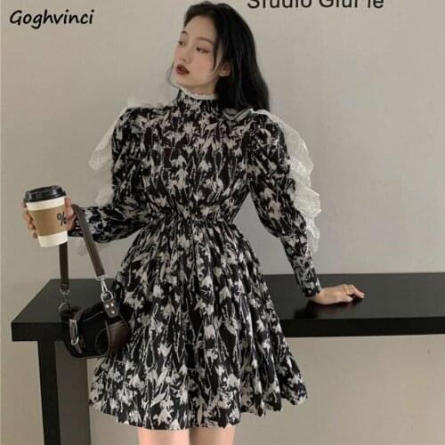 Dress Women Puff Sleeve Lace Printed Turtleneck Ball Gown High Waist Mini Sweet Girls Korean Style Design French Retro Vintage