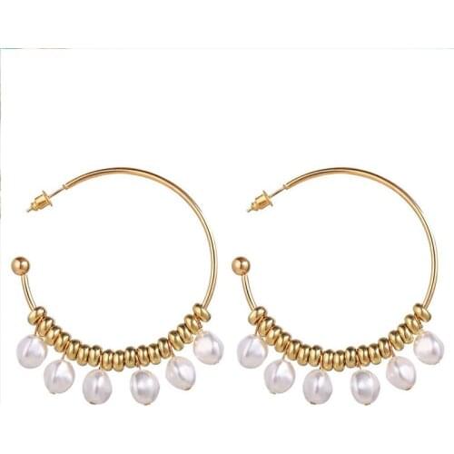 ZV Fashion Party Gold Color Circle Earrings For Women Simple Big Pearl Stud Gold Round Party Hanging Earring Jewelry Gift