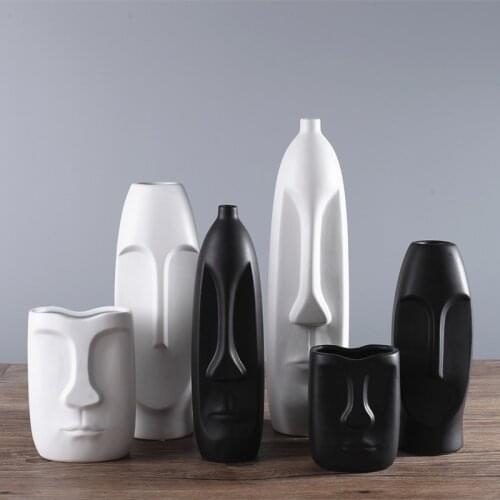 1pc Minimalism Abstract Head Shape Ceramic Vase Modern Arts Black White Tabletop Vases Porcelain Crafts Home Decoration
