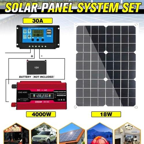 110V/220V Solar Panel System 12V18W Solar Panel 30A Charge Controller 4000W Car Solar Inverter Kit Complete Power Generation Kit
