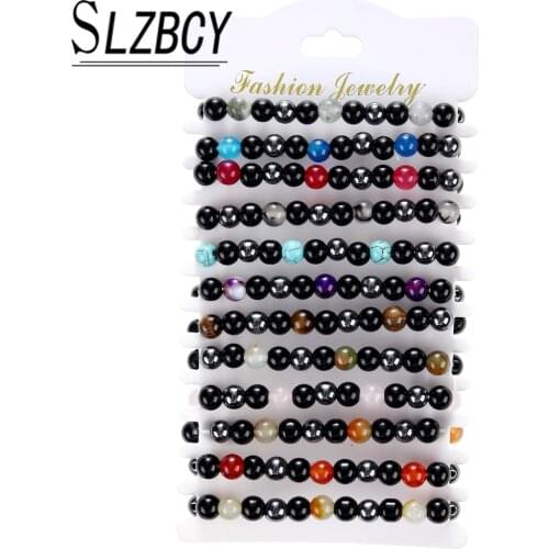 12Pcs/Lot Retro Natural Stone Beads Bracelet Punk Black Polished Beaded Bracelets Bangles For Women Men Charm Jewelry Wholesale