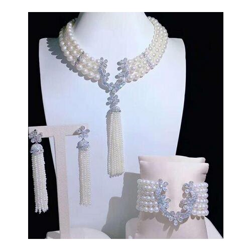 Free shipping Hand knotted 3-4mm 5-6mm 8-9mm natural white pearl zircon clasp accessory necklace bracelet earrings set jewelry