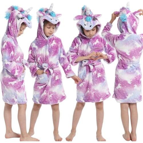 Kids Robes Hooded Pajamas Flannel Clothes Girls Bathrobes Warm Animal Unicorn Nightgowns Cartoon Sleepwear Children Clothing