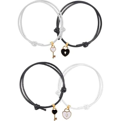 Couple 2-piece Bracelet Black White Heart-shaped Hollow Key Lock Pendant Fashion Men And Women Valentines Day Jewelry Gift Hot