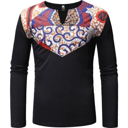 Patchwork African Dashiki Print T Shirt Men 2020 Brand Slim Long Sleeve African Clohtes Men Streetwear African Tee Shirt Homme