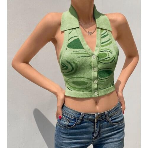 Women Print Halter Streetwear Cardigan Summer Sexy V-neck Fit Y2k Halter Knitted Vest Camisole Casual Slim Outfits Tank Tops