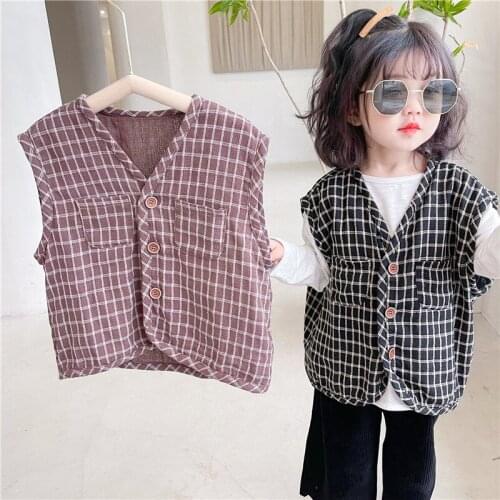 Mori Korean Childrens Vest Jacket 2021 Spring Childrens Vest Boy and Girls Retro Plaid Cotton and Linen Vest Toddler Waistcoat