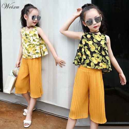 Summer 2020 Teenager Girls Clothing Chiffon Sleeveless Top + Pants Set Childrens Clothes for Girls 3 5 6 7 8 10 12 14 Years Old