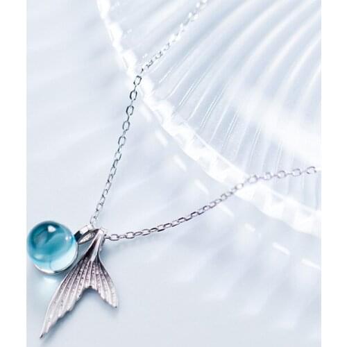 MloveAcc Authentic 925 Sterling Silver Mermaid Tail Pendant Necklaces with Blue Crystal Mermaid Tears Bubble for Women Jewelry