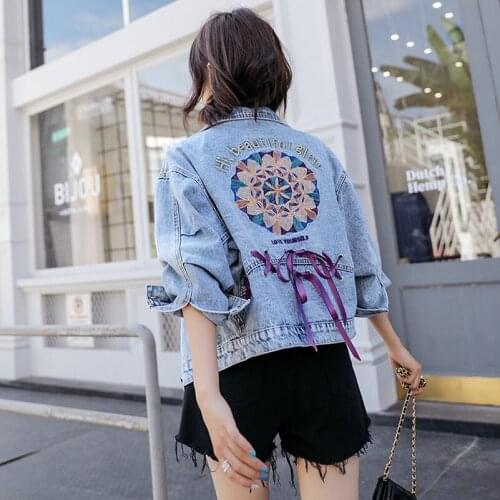 2020 Fashion The New Loose Heavy Work Embroidery Drawstring Denim Jacket Free Shipping