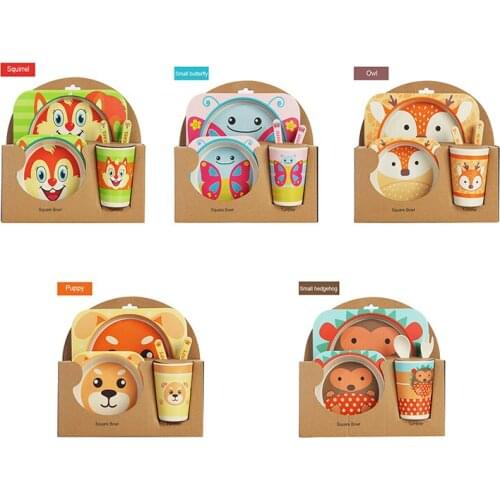 Ideacherry 5Pcs/Set Baby Bamboo Fiber Tableware Set Baby Cartoon Plate Separation Plate Bowl Fork Spoon Cup Set for Feeding Care