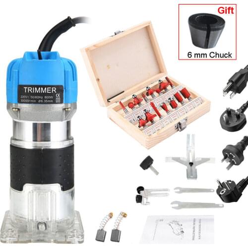 800W 30000rpm Electric Woodworking Engraving Kit with 15PCS Milling Cutter for Wood Electric Trimmer Edge Router 1/4 （ 6.35mm