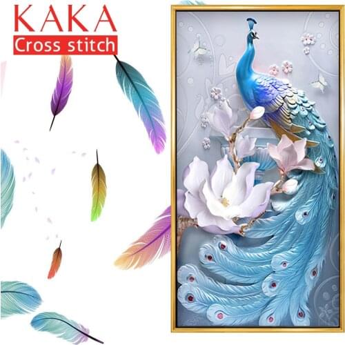 KAKA Cross stitch kits Embroidery needlework sets with printed pattern,11CT canvas,Home Decor for garden House,5D Peacock Flower