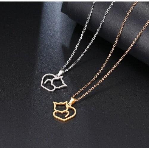 Stainless Steel Gold Silver Hollow Heart Love Pet Cat Pendant Necklace Chain Family Friend Women Girl Lover Gift Jewelry Wedding