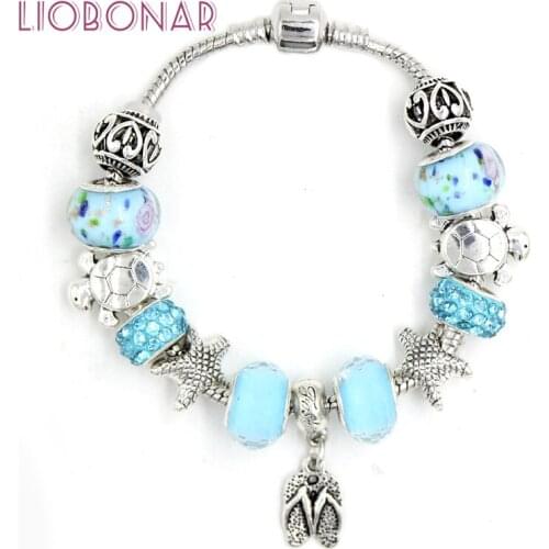 Newest 6PCS/LOT Lampwork Murano Glass Bead Sealife Ocean Beach Style Flip Flop Charm Bracelet for Women Jewelry Bijoux Pulsera