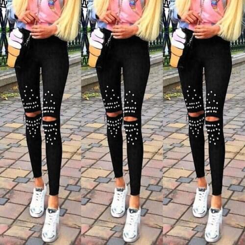 Plus Size Leggings Knee Hole Leggings 2018 New Fashion Stretch Cut Holes Beads Decoration Women Pants Skinny High Waist Leggings