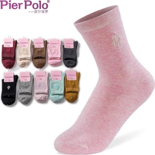 PIER POLO Womens Business Casual Socks Embroidery Middle Tube Cotton Socks Solid Breathable Soft Sock For Female Size 35-41