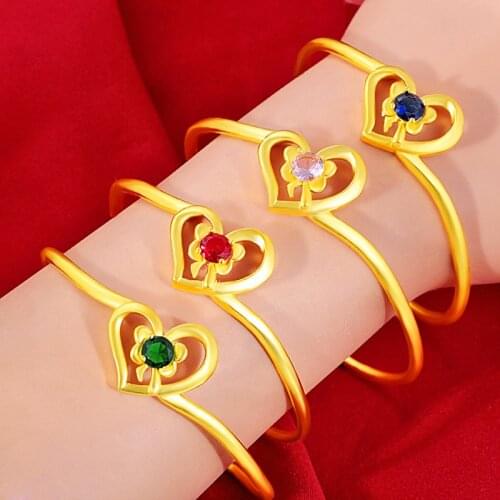 Simple Heart Shaped Bangle Yellow Gold Filled Cubic Zirconia Cuff Bracelet for Women Jewelry Gift
