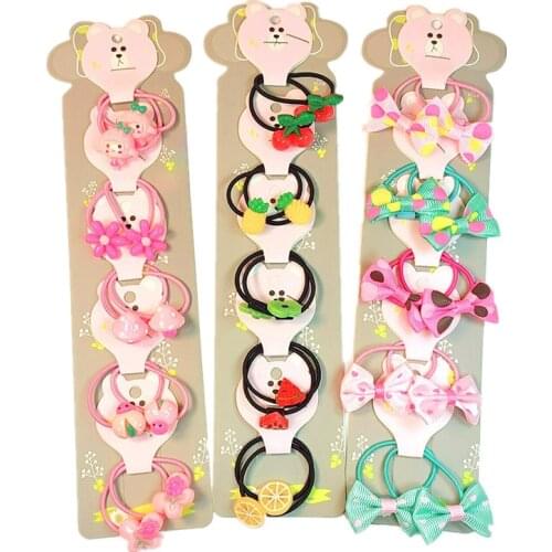 1Set lovely Cartoon Fruits Bow knot Childrens series Ponytail Elastic Hair Bands Sweet Girls Hair Accessories HeadWear