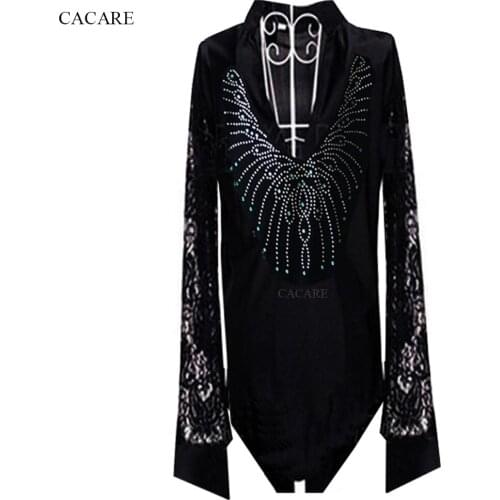 Latin Dance Shirts Men Boys Dance Shirt for Tango Fringe Rhinestones 3 Choices Customized Size D0967 Long Lace Sleeve V Neck