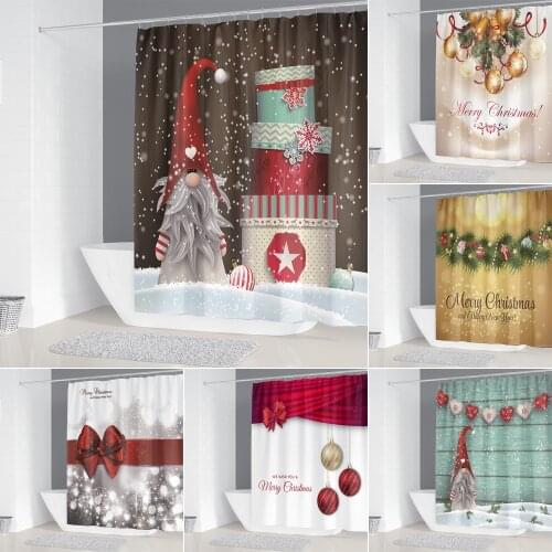 Santa Claus Ribbon Bells Pattern Shower Curtains Merry Christmas Gift Bathroom Curtain Polyester Fabric Bath Screen Home Decor