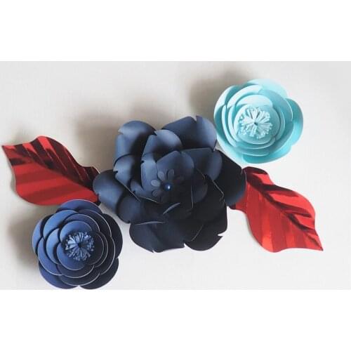 DIY Giant Paper Artificial Flowers Wedding Fleurs Artificielles Backdrop Artificial Rose 3PCS+2 Leave Party Decor Nursery Blue